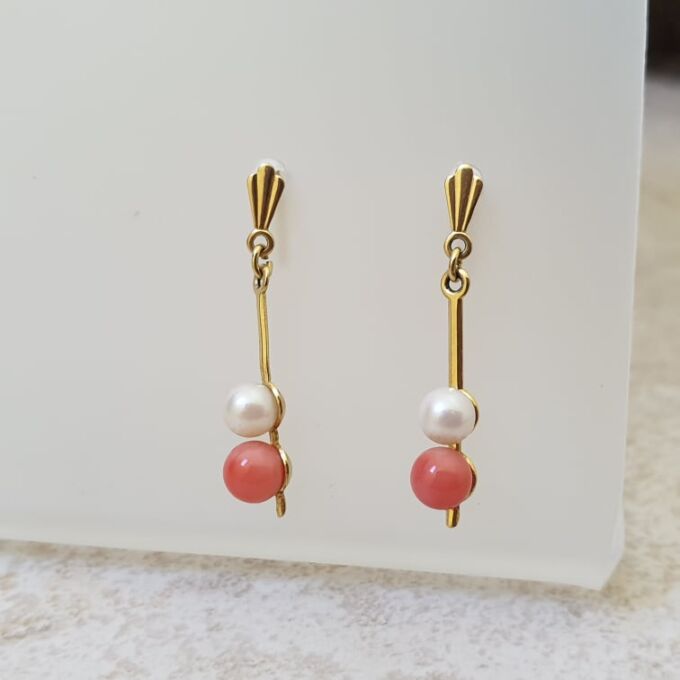 Pearl and Coral Drop Earrings in 9ct Gold