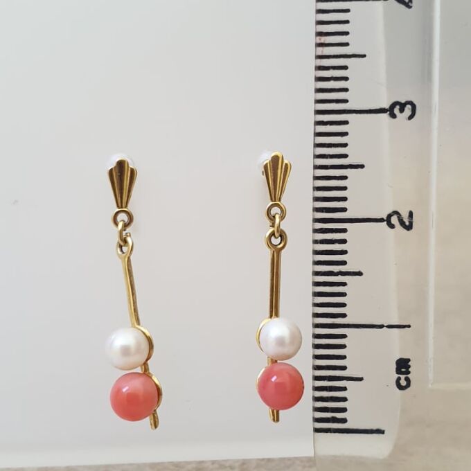 Pearl and Coral Drop Earrings in 9ct Gold