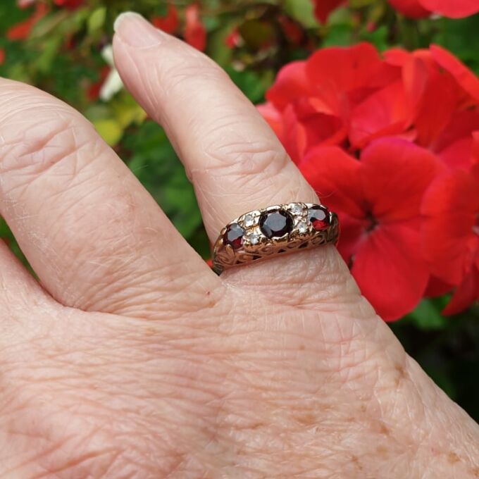 Three Stone Garnet Ring in 9ct Gold