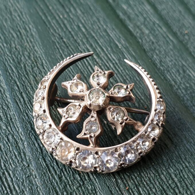 Ornate Edwardian Moon Brooch in Sterling Silver