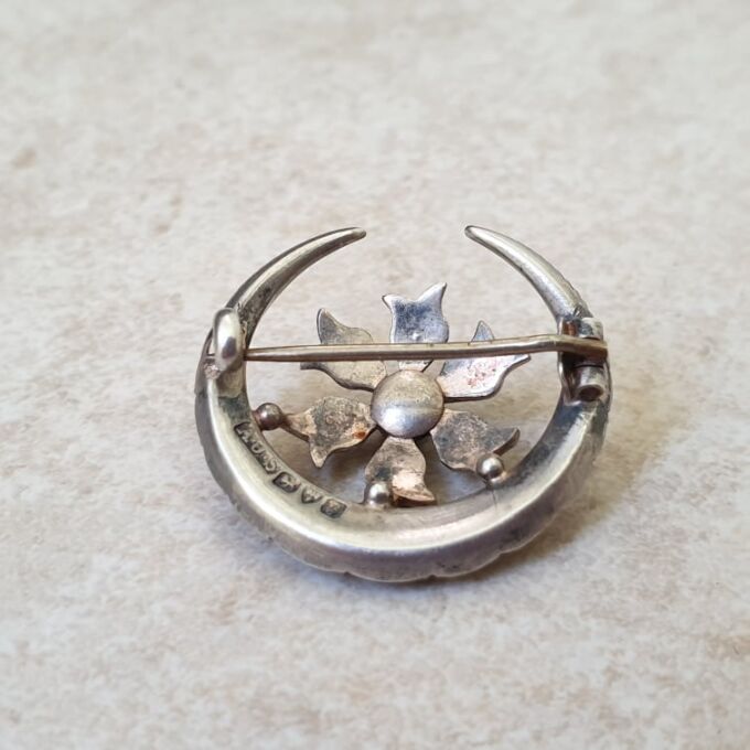 Ornate Edwardian Moon Brooch in Sterling Silver