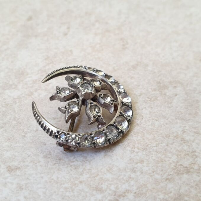Ornate Edwardian Moon Brooch in Sterling Silver