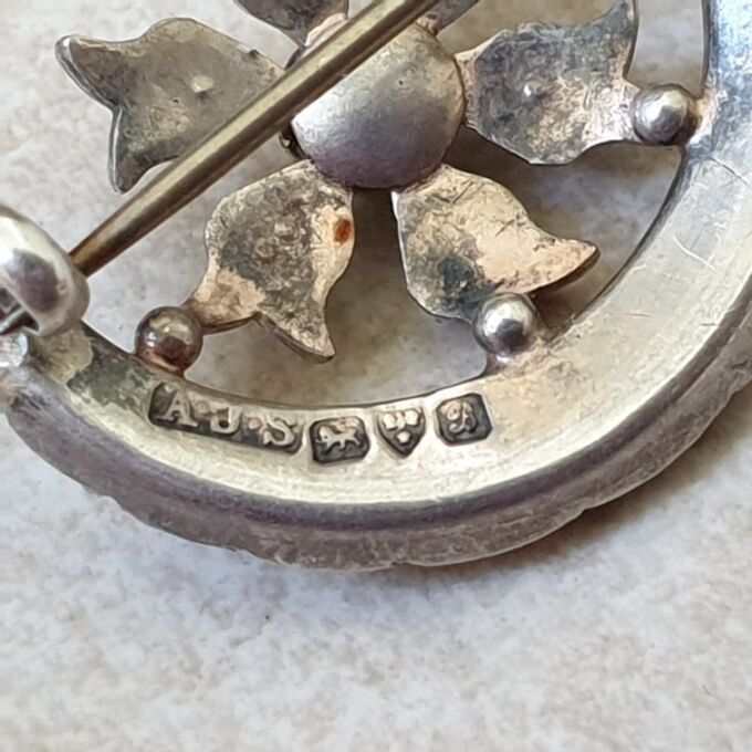 Ornate Edwardian Moon Brooch in Sterling Silver