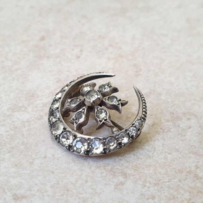 Ornate Edwardian Moon Brooch in Sterling Silver