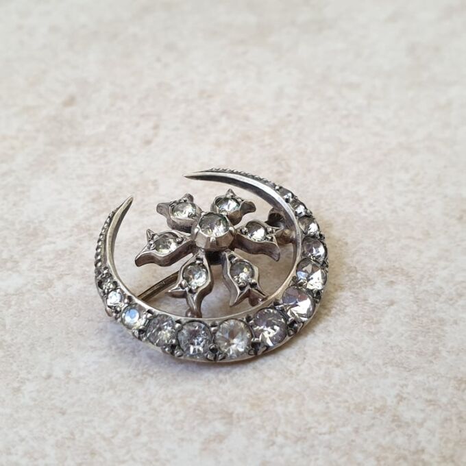 Ornate Edwardian Moon Brooch in Sterling Silver