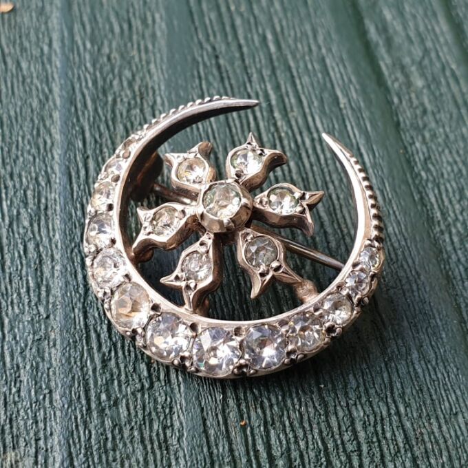 Ornate Edwardian Moon Brooch in Sterling Silver