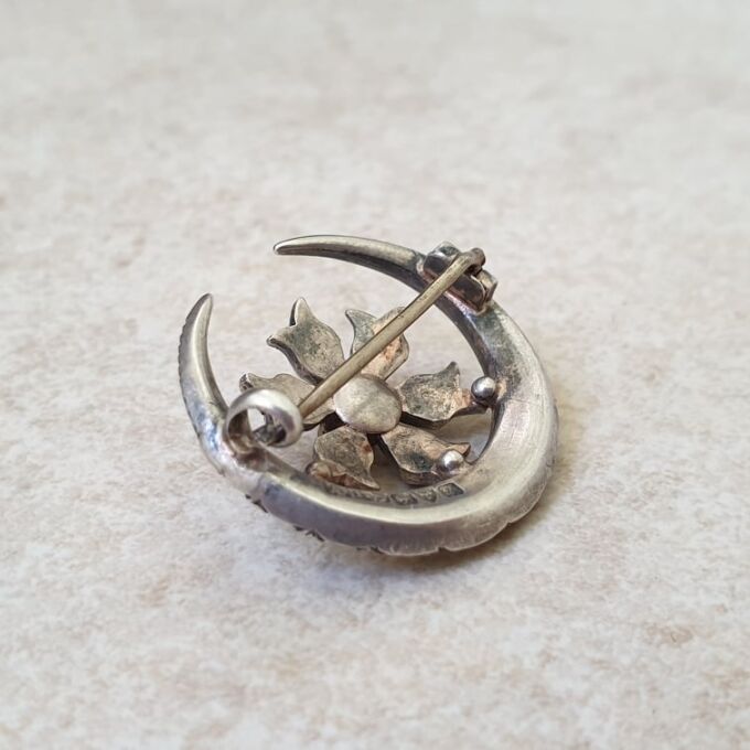 Ornate Edwardian Moon Brooch in Sterling Silver