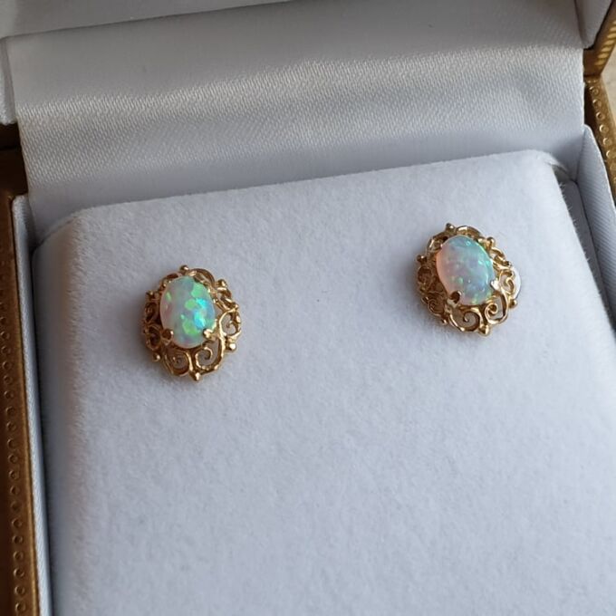 Ornate Opal Stud Earrings in 9ct Gold