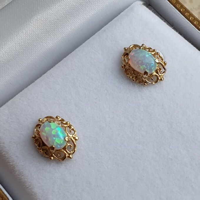 Ornate Opal Stud Earrings in 9ct Gold
