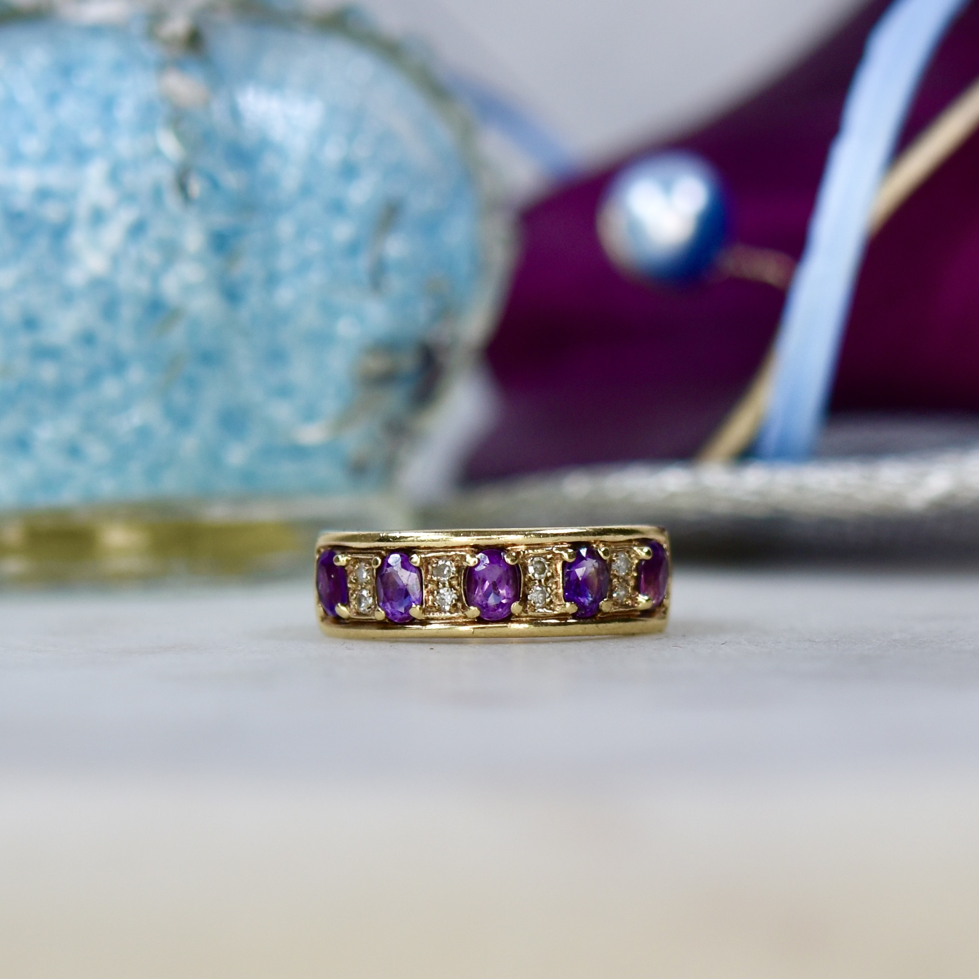 Amethyst & Diamond Ring in 9ct Gold - Gems Afire - Vintage Jewellery UK