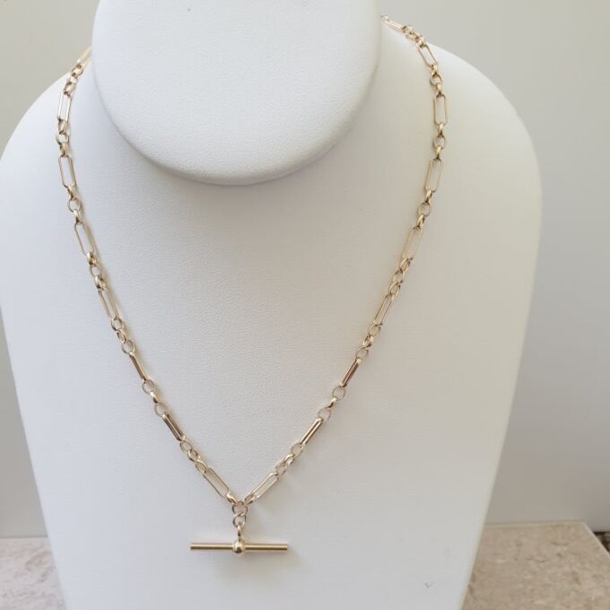 Trombone Link Necklace with T Bar and Dog Clip in 9ct Gold