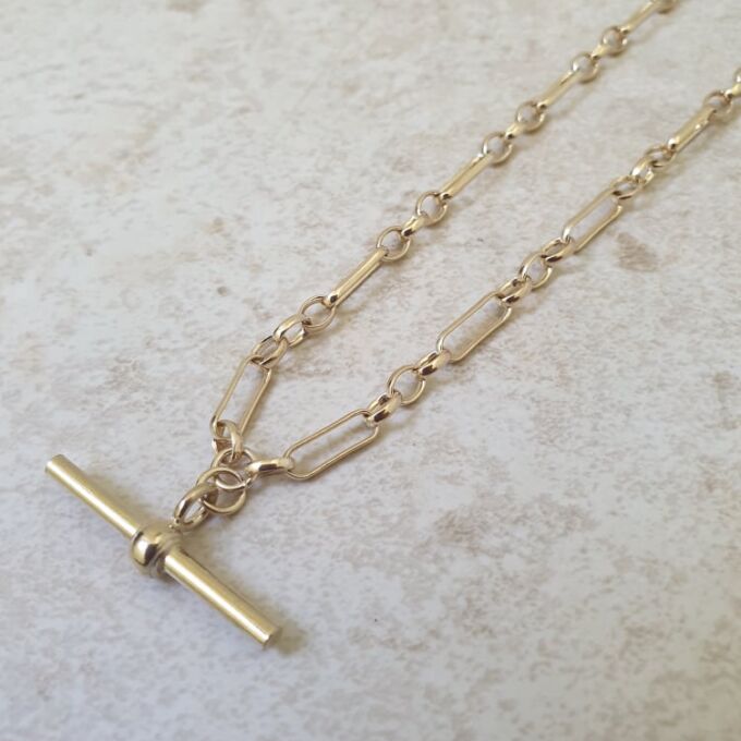 Trombone Link Necklace with T Bar and Dog Clip in 9ct Gold