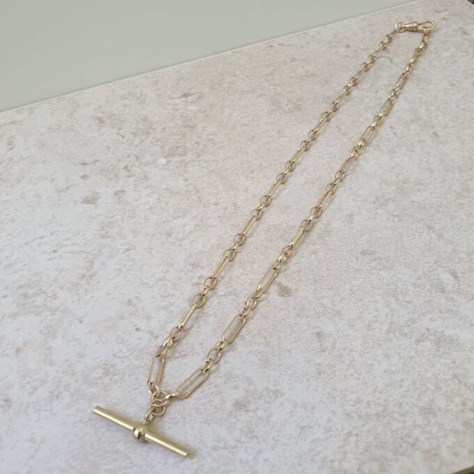 Trombone Link Necklace with T Bar and Dog Clip in 9ct Gold