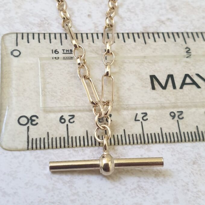 Trombone Link Necklace with T Bar and Dog Clip in 9ct Gold