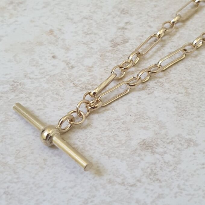 Trombone Link Necklace with T Bar and Dog Clip in 9ct Gold