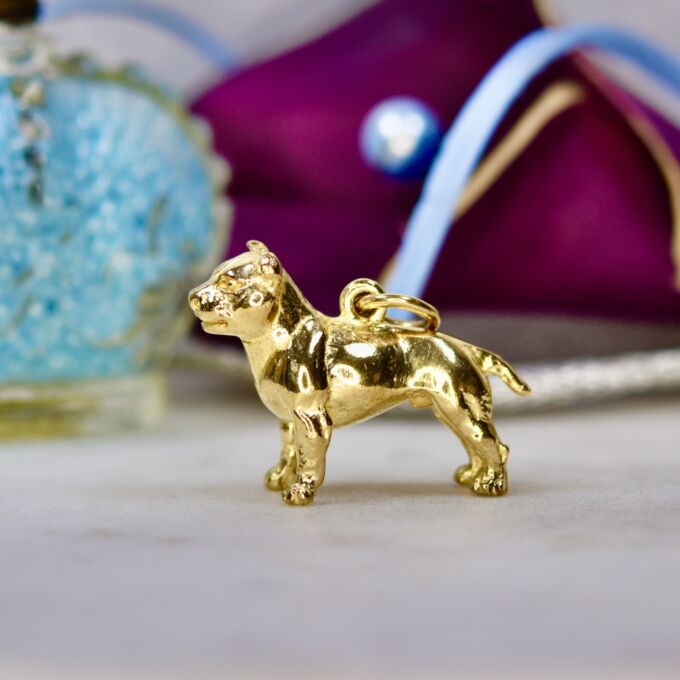 Heavy Terrier Dog Pendant in 9ct Gold Gems Afire Vintage Jewellery UK