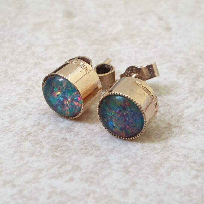 Black Opal Doublet Stud Earrings in 9ct Gold