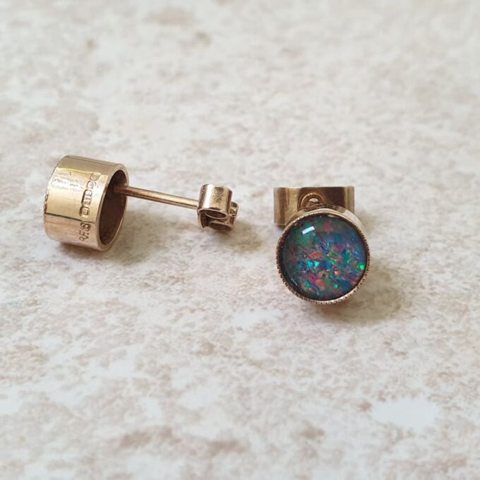 Black Opal Doublet Stud Earrings in 9ct Gold