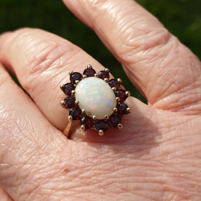 Opal and Garnet Cluster Ring in 9ct Gold
