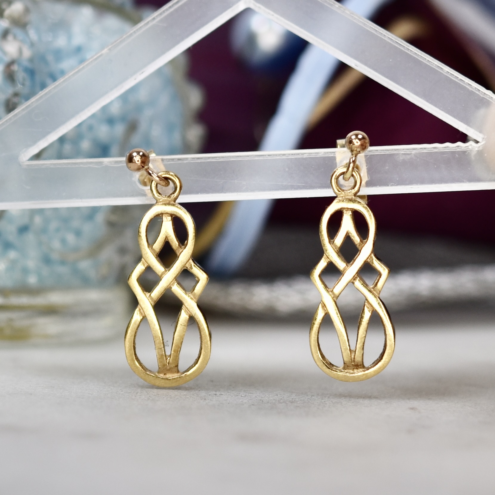 9ct Yellow Gold Celtic Knot Drop Earrings For Women - Irish Stud Style