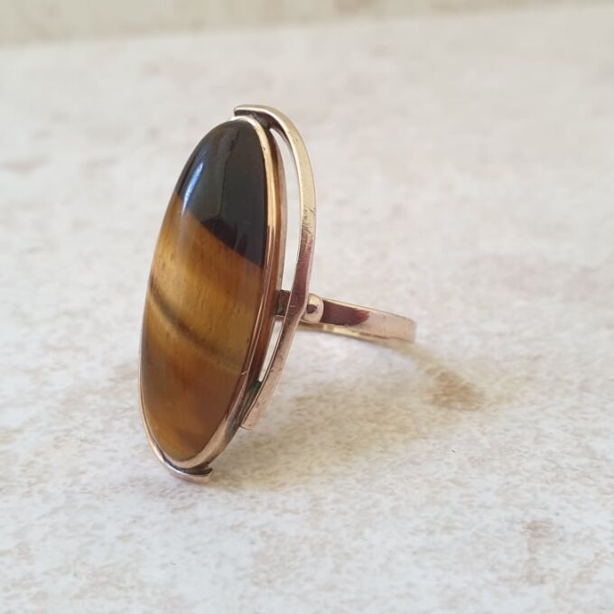 Elongated Tigers Eye Ring in 9ct Gold