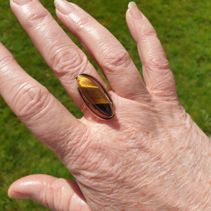Elongated Tigers Eye Ring in 9ct Gold