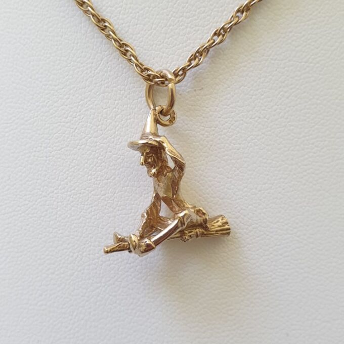 Witch on Broomstick in 9ct Gold