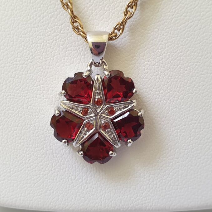 Garnet Heart & Star Pendant 9ct White Gold