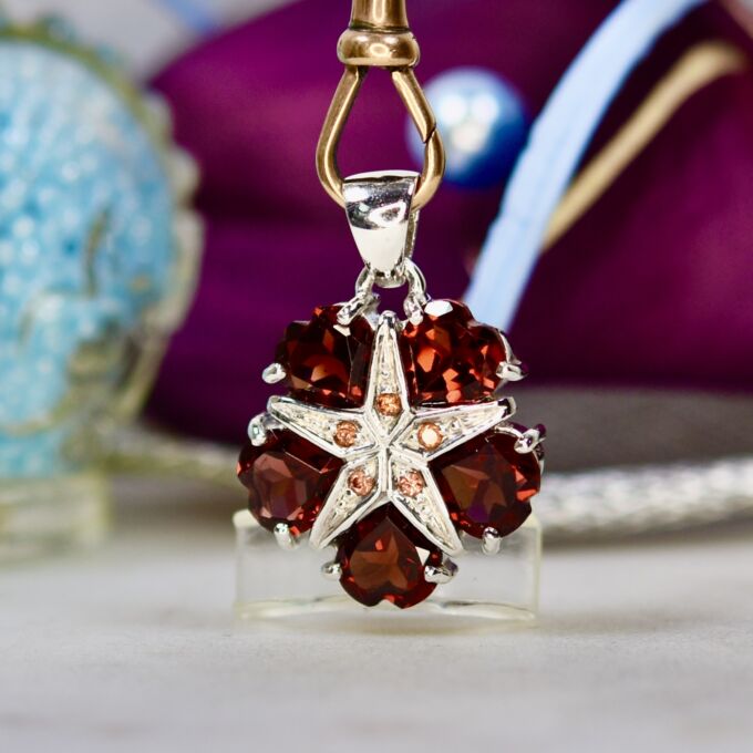 Garnet Heart & Star Pendant 9ct White Gold