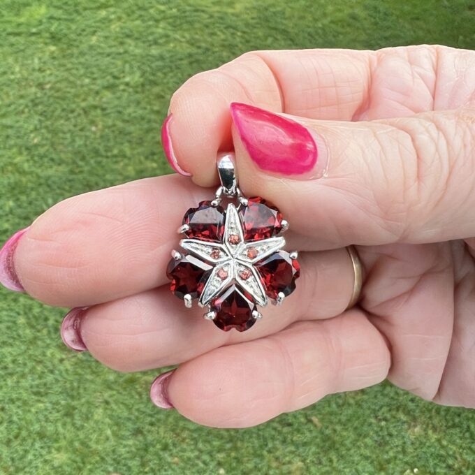 Garnet Heart & Star Pendant 9ct White Gold