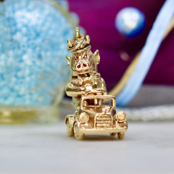 Road Hog – Pig in a Pedal Car Pendant in 9ct Gold