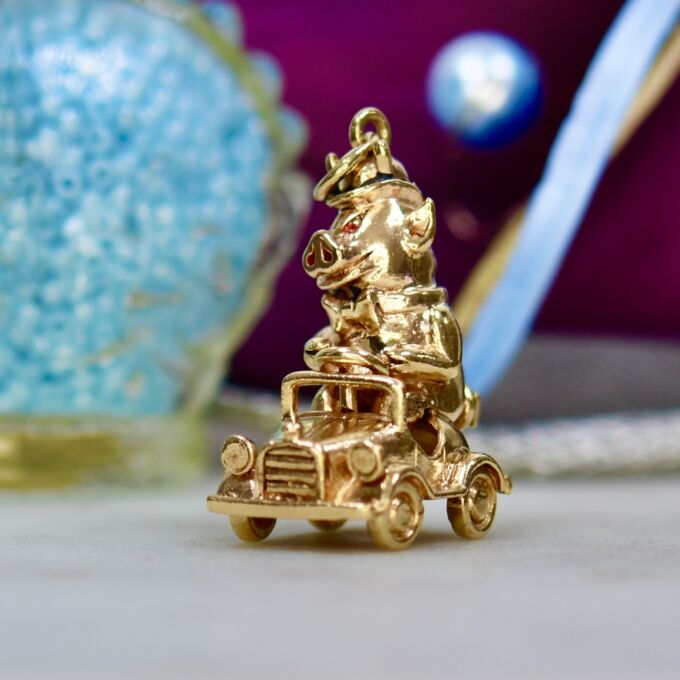Road Hog – Pig in a Pedal Car Pendant in 9ct Gold