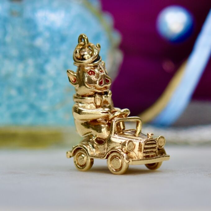 Road Hog – Pig in a Pedal Car Pendant in 9ct Gold