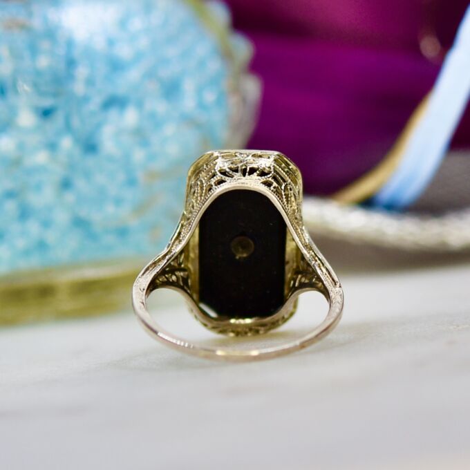 Carved Onyx Diamond Filigree Ring in 9ct Gold