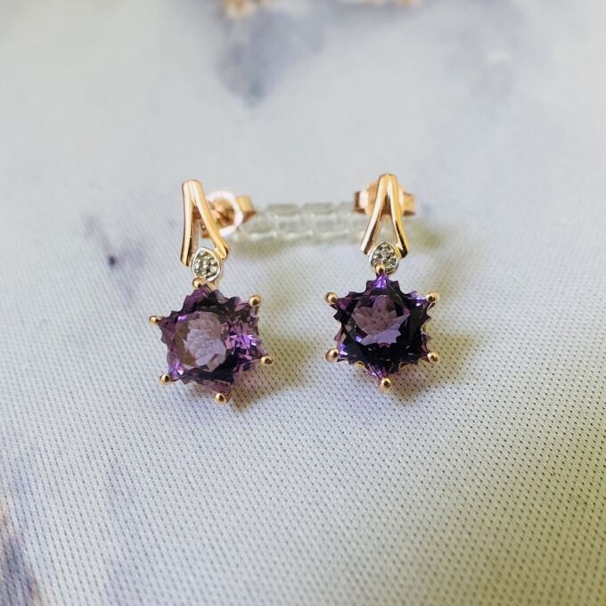 Fantasy Snowflake Cut Amethyst Earrings in 10k Rose Gold