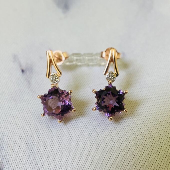 Fantasy Snowflake Cut Amethyst Earrings in 10k Rose Gold