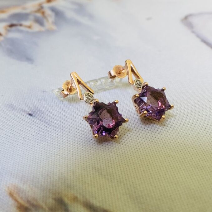 Fantasy Snowflake Cut Amethyst Earrings in 10k Rose Gold