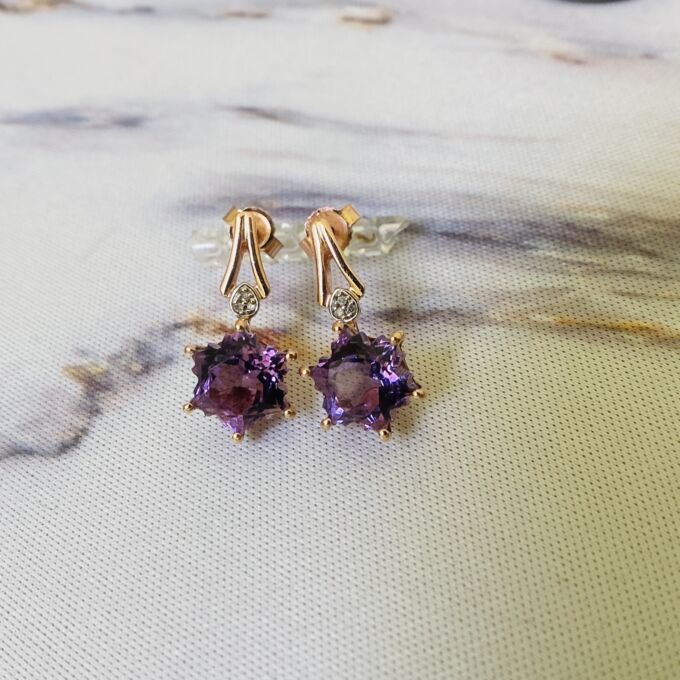 Fantasy Snowflake Cut Amethyst Earrings in 10k Rose Gold