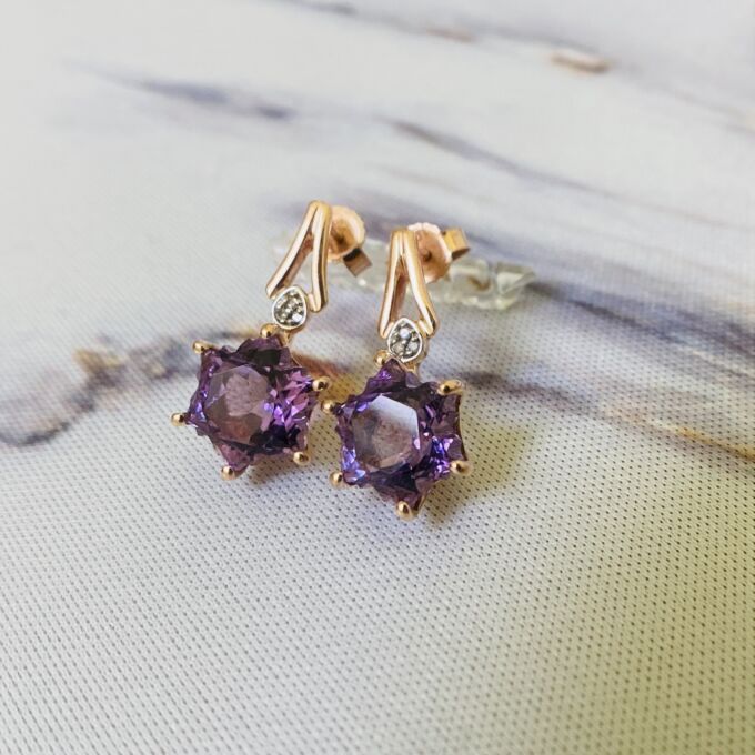 Fantasy Snowflake Cut Amethyst Earrings in 10k Rose Gold