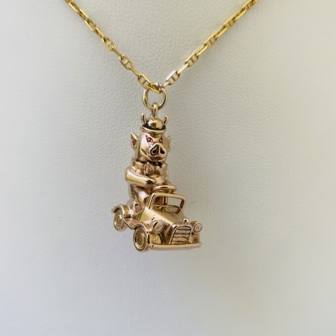 Road Hog – Pig in a Pedal Car Pendant in 9ct Gold