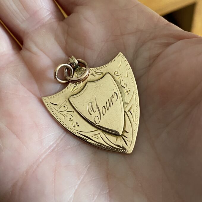 Edwardian “Yours” Shield Pendant in 9ct Rose Gold