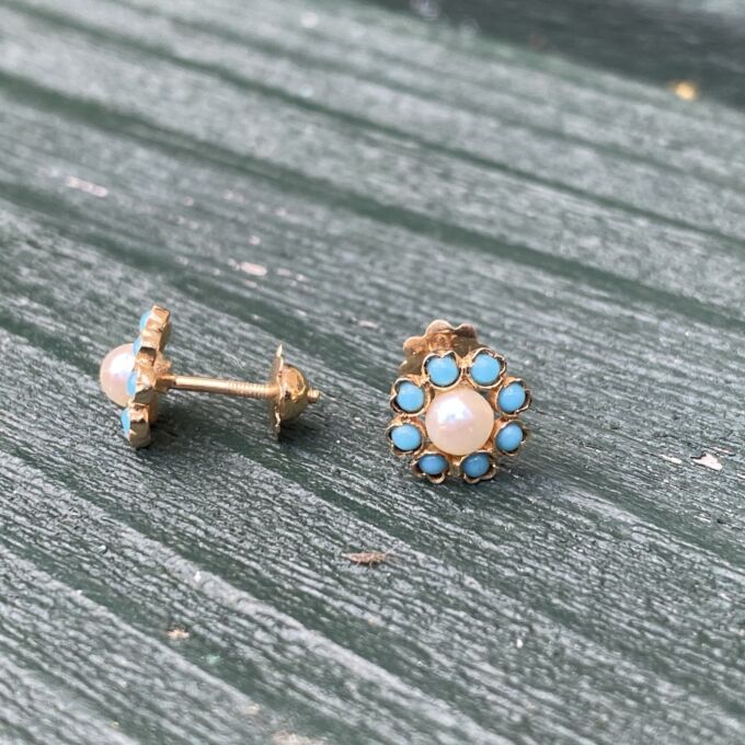 Pearl and Turquoise Stud Earrings in 18ct Gold