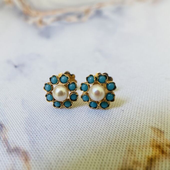 Pearl and Turquoise Stud Earrings in 18ct Gold
