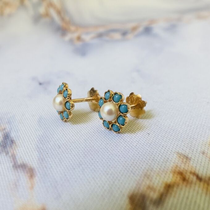 Pearl and Turquoise Stud Earrings in 18ct Gold