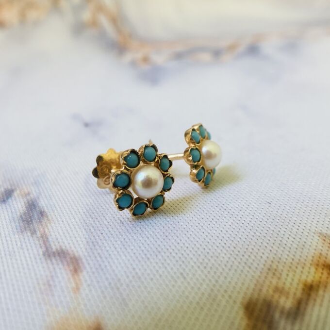 Pearl and Turquoise Stud Earrings in 18ct Gold