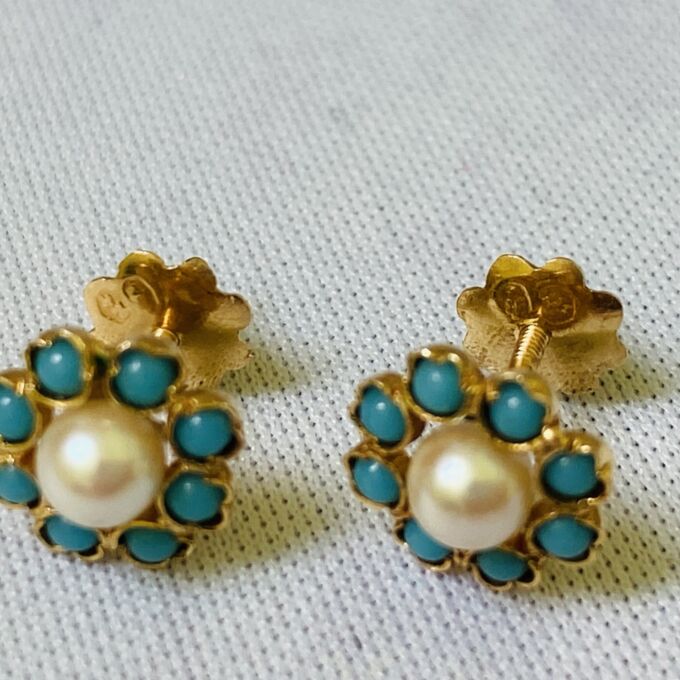 Pearl and Turquoise Stud Earrings in 18ct Gold