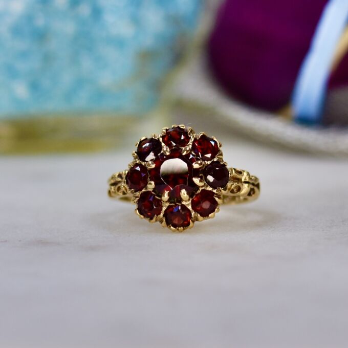 Ornate Garnet Cluster Ring in 9ct Gold