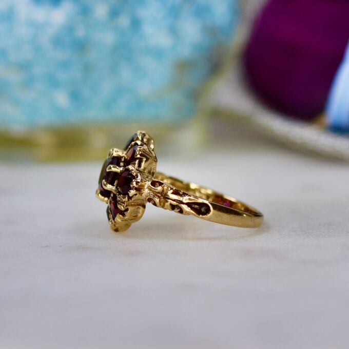 Ornate Garnet Cluster Ring in 9ct Gold