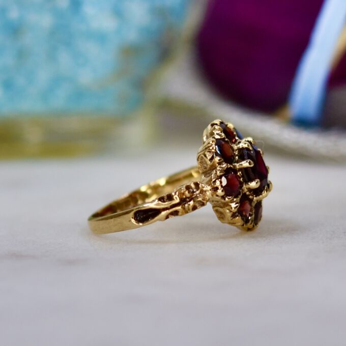 Ornate Garnet Cluster Ring in 9ct Gold