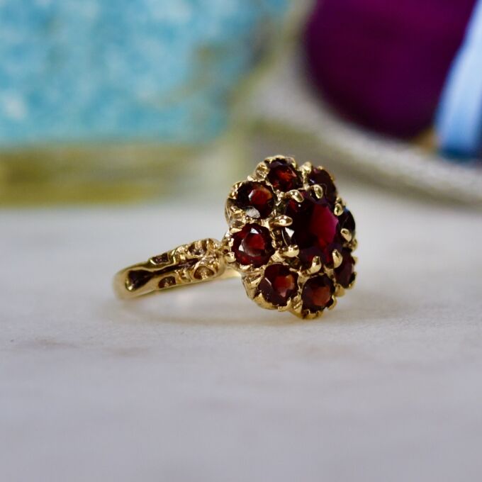 Ornate Garnet Cluster Ring in 9ct Gold